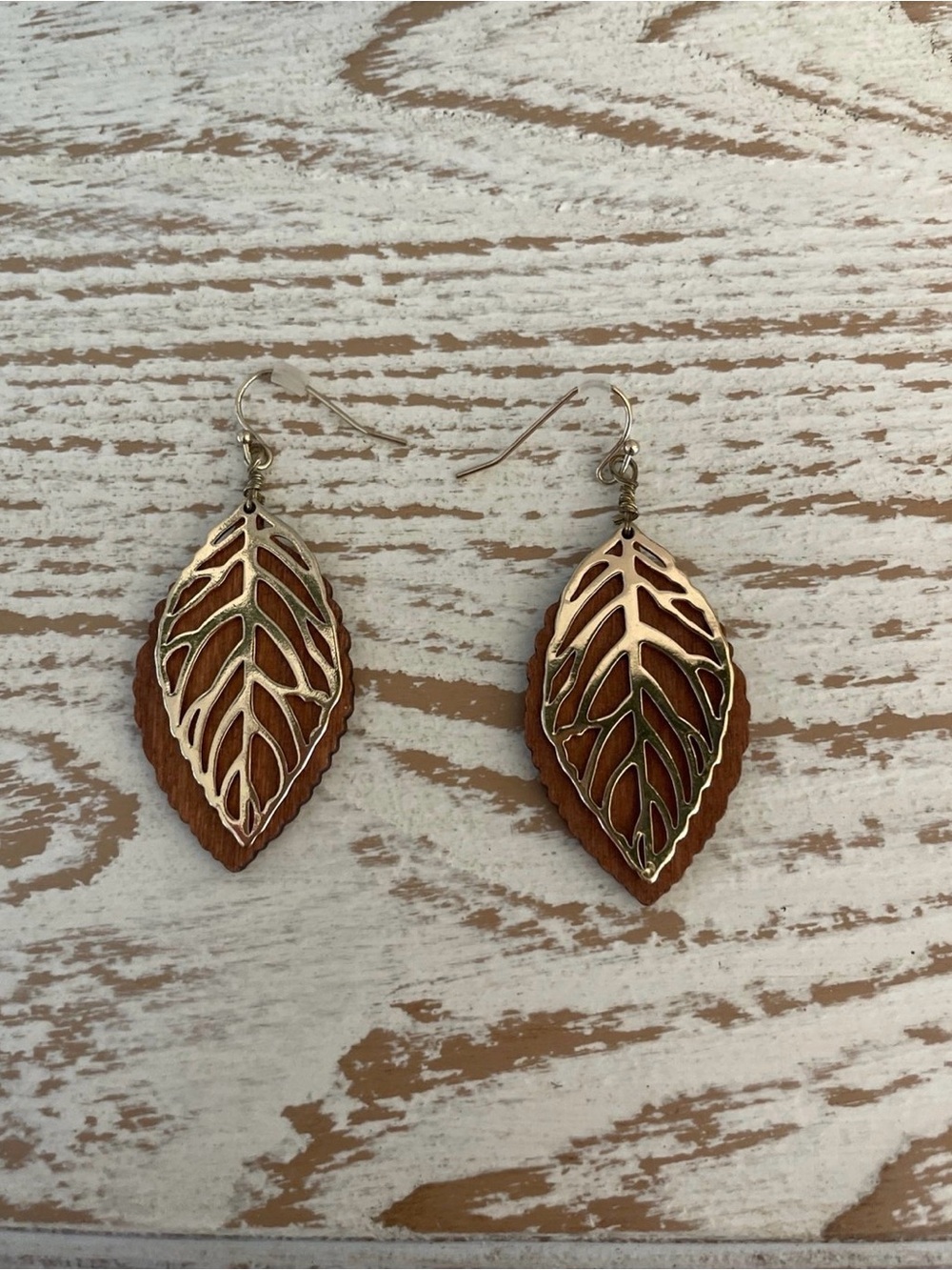 Etsy: Gold-Front Wooden Layered Leaf Earrings